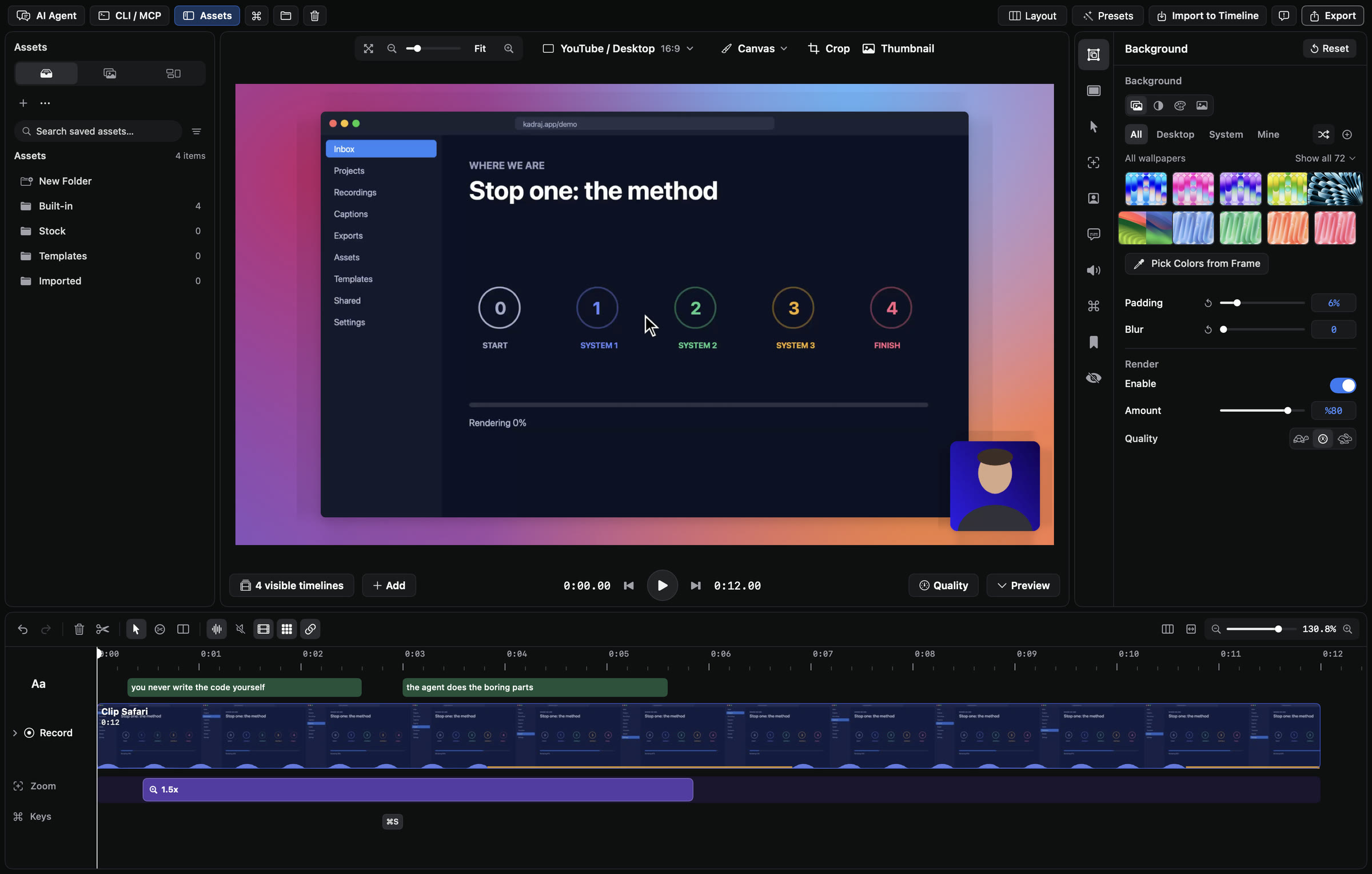 The Kadraj editor: assets on the left, the preview with a gradient background in the middle, the background inspector on the right and the timeline below
