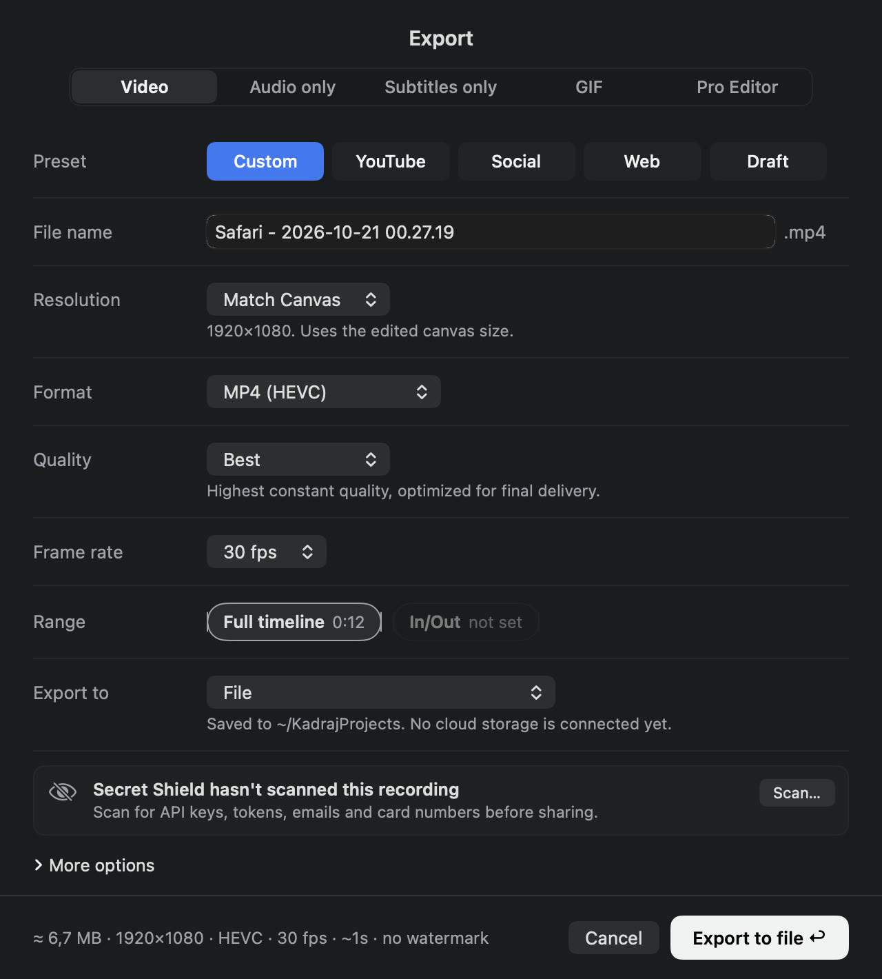 Export sheet: video, audio only, subtitles, GIF and pro editor; presets, format, quality and frame rate