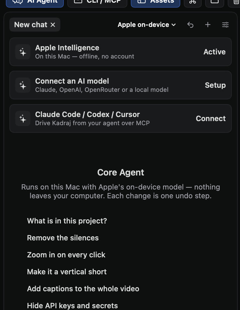 AI agent panel: Apple Intelligence active, connect a model, Claude Code / Codex / Cursor, and suggested requests