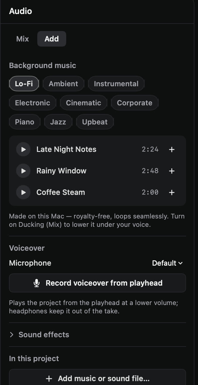 Audio panel: background music genres, generated tracks, voiceover and sound effects