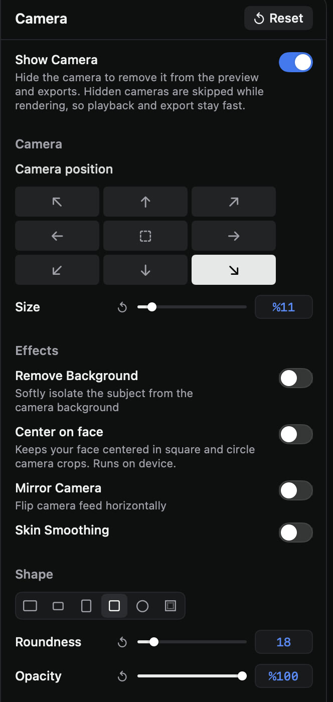Camera inspector: position, size, background removal, center on face, shape