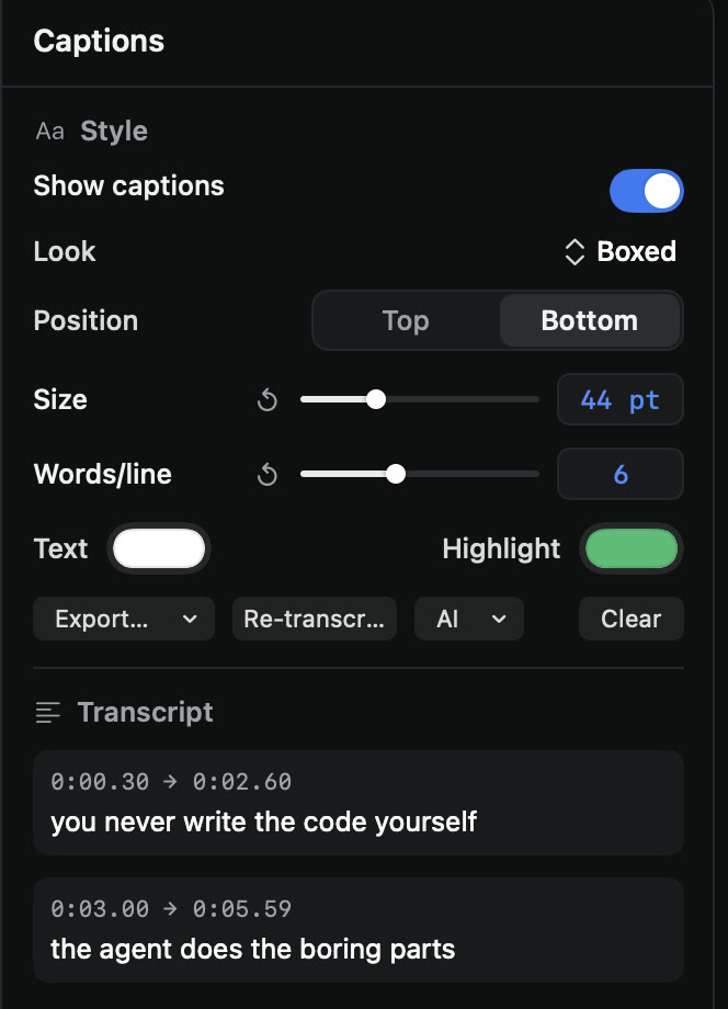 Captions panel: style, position, size, words per line, highlight colour and transcript