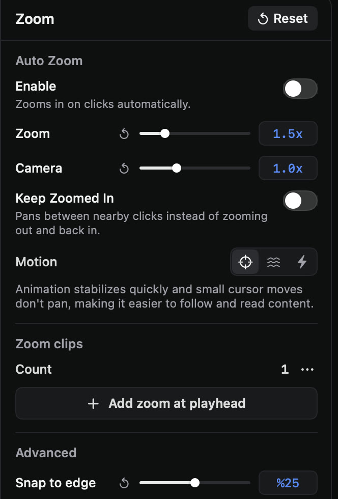 Zoom inspector: auto zoom, zoom and camera amount, keep zoomed in, motion styles, snap to edge