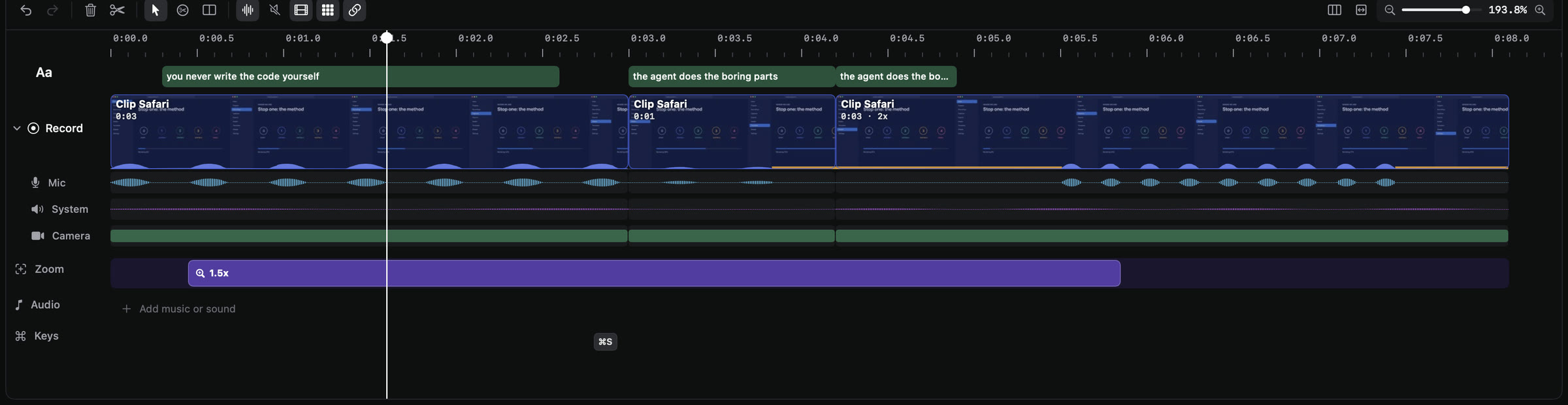 The timeline: captions, the recording split into clips, mic, system audio and camera lanes, and a 1.5× zoom