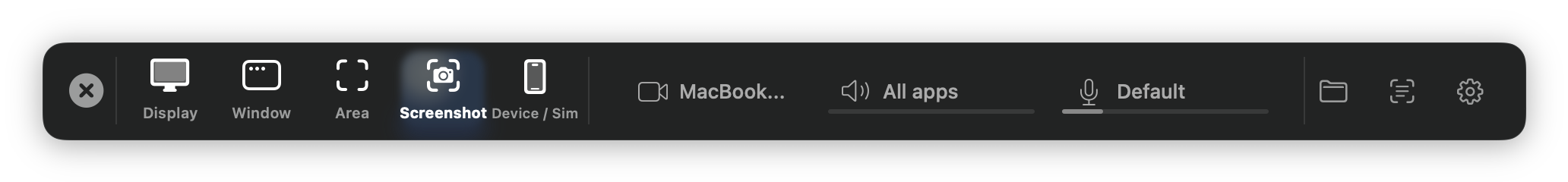The recording toolbar: display, window, area, screenshot or device; camera, system audio and microphone